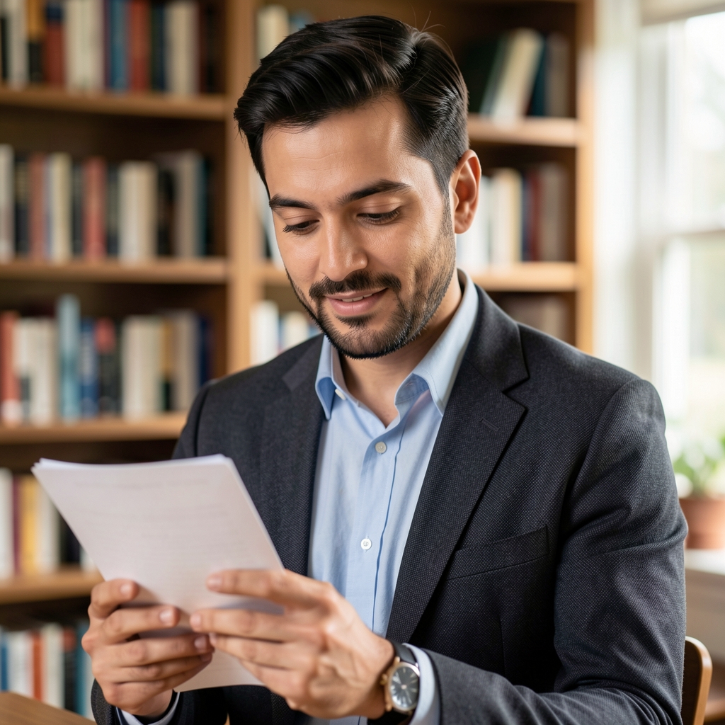 Editorial portrait of a man reading notes in a well-lit room with bookshelves behind him