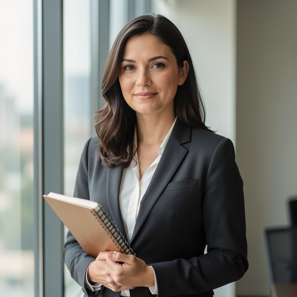 Editorial portrait of a woman standing near a tall window in a quiet office, holding a notebook