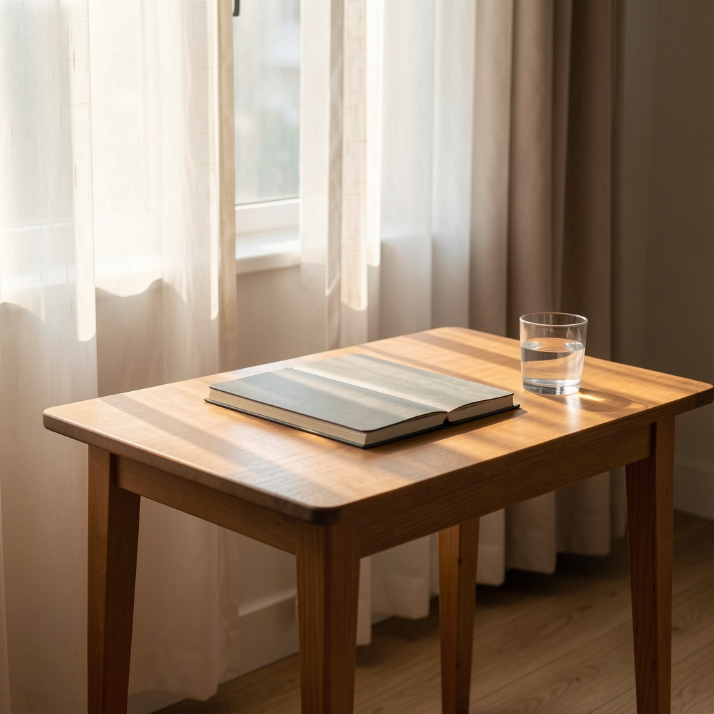 Morning light through curtains falling across a simple wooden table with a journal and glass of water