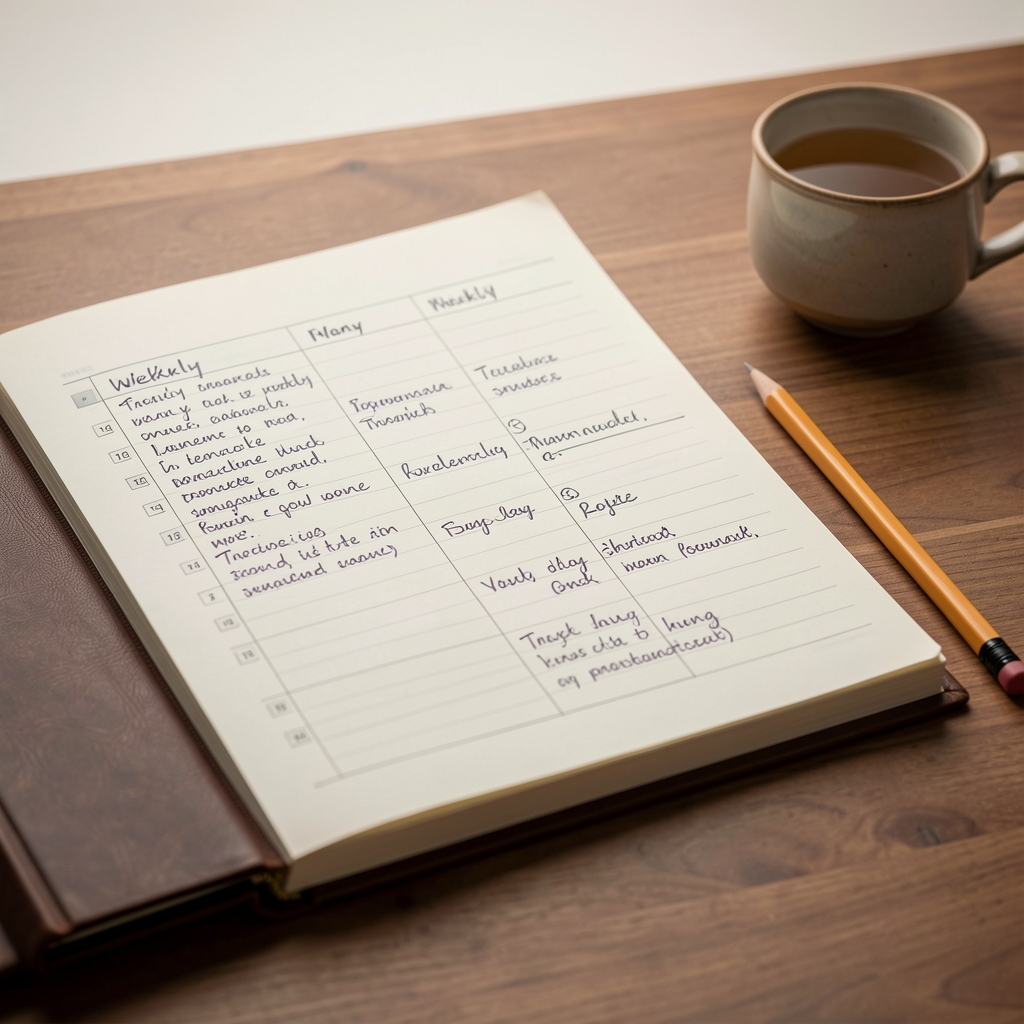 Close view of a handwritten weekly planner on a desk with a pencil and small cup, soft studio lighting