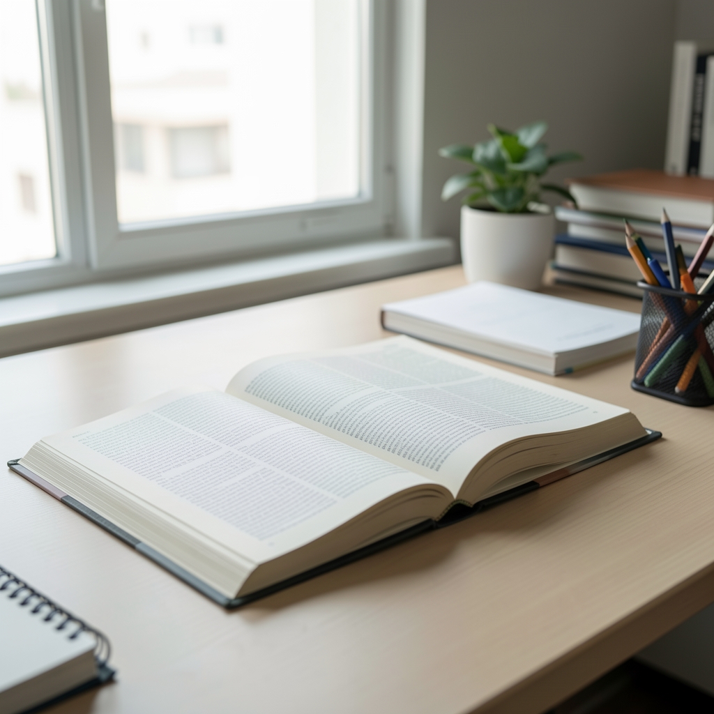 Open reference books and a notebook on a clean desk, soft natural light from a window, organised research space