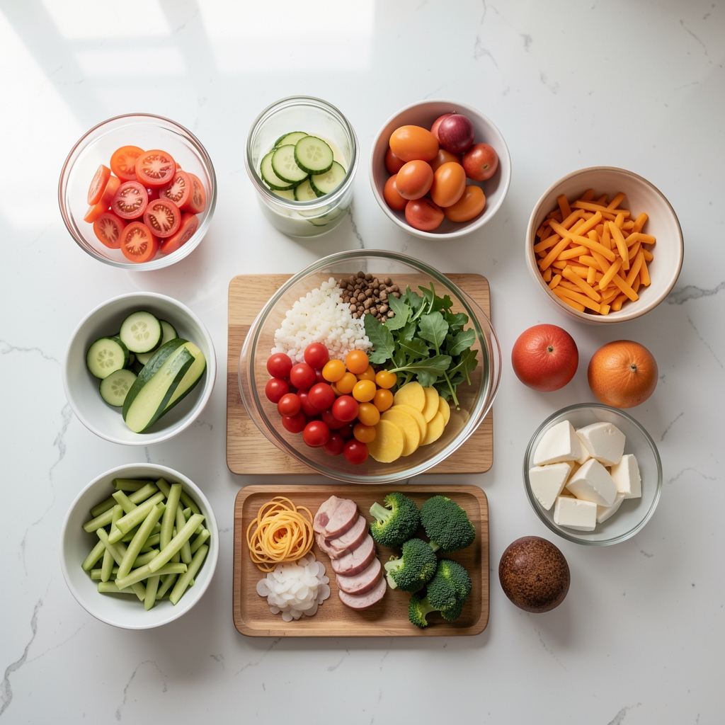 Overhead flat-lay of a weekly meal preparation layout on a clean kitchen counter with natural light